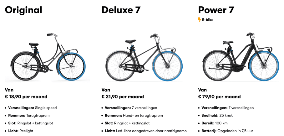 Drie verschillende varianten beschikbaar: de stadsfiets, een fiets met versnellingen en een e-bike. 